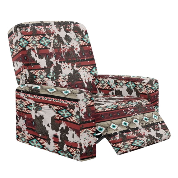 Renewold American Tribal Cow Print Red Cover for Recliner with Foot Rest Washable Couch Cover Reclining 4 Pieces Anti-Slip Lazy Boy Recliner Chair Protector for Pets, Cats, Kids