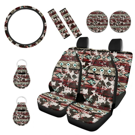 Renewold American Tribal Cow Print Red Retro Car Accessories Full Set, Universal Car Seat Covers Steering Wheel Cover Seat Belt Pad Cup Holder Key Chains 11 PCS Car Accessories Fit for Most Vehicles