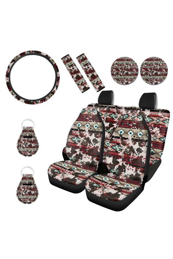 American Tribal Cow Print Red Retro Car Accessories Full Set, Universal Car Seat Covers Steering Wheel Cover Seat Belt Pad Cup Holder Key Chains 11 PCS Car Accessories Fit for Most Vehicles