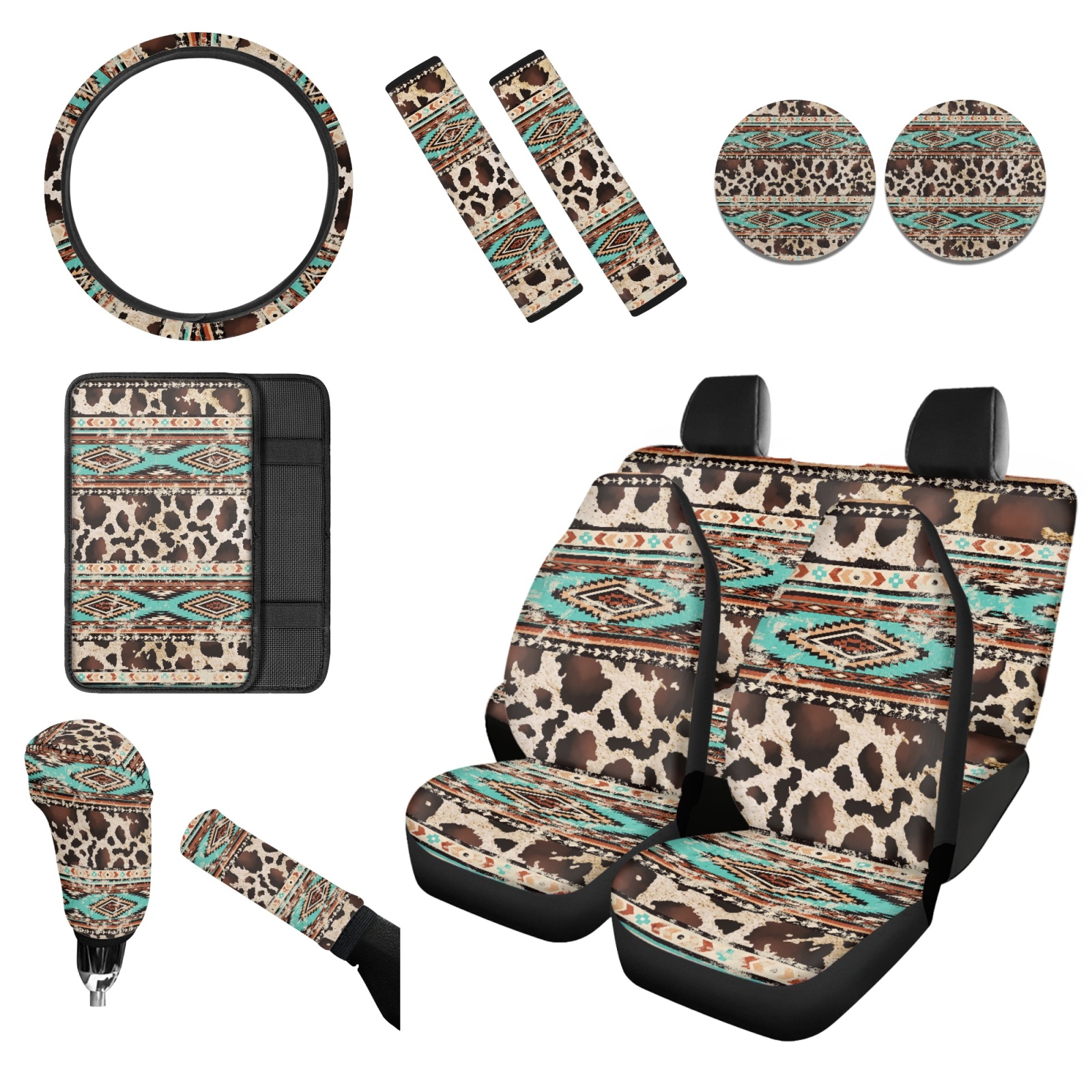 Renewold American Tribal Cow Print Retro Car Accessories Set 12 PCS, with Steering Wheel Cover Seat Belt Pad Armrest Cover Coasters Handbrake Gear Shift Cover Universal Fit for Most Vehicles