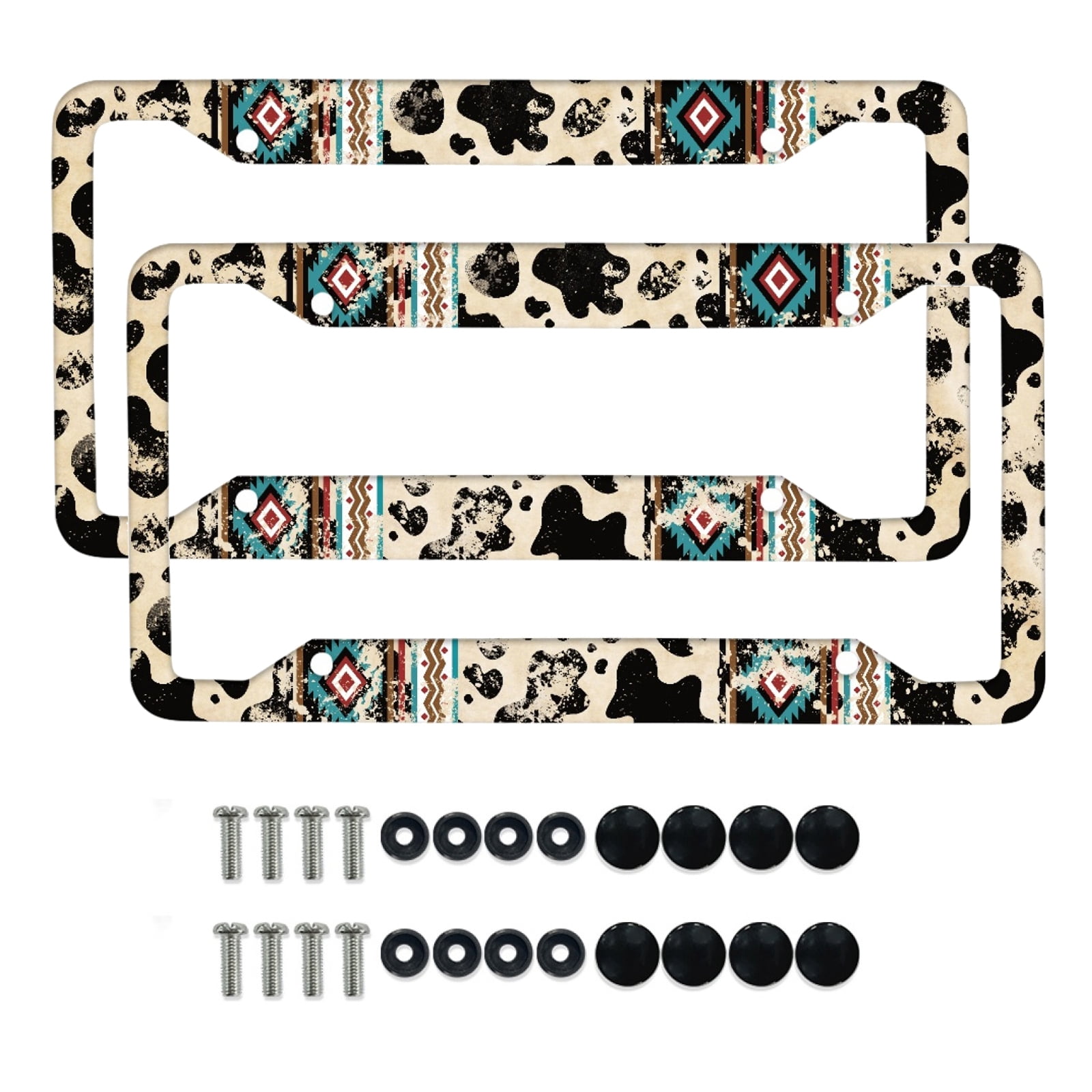 Renewold American Tribal Cow Print Retro Car License Plate Frame for Women Men, Novelty Vanity Tag for Car SUV Truck Vans Decorative Accessories with Screws, 2 Pack
