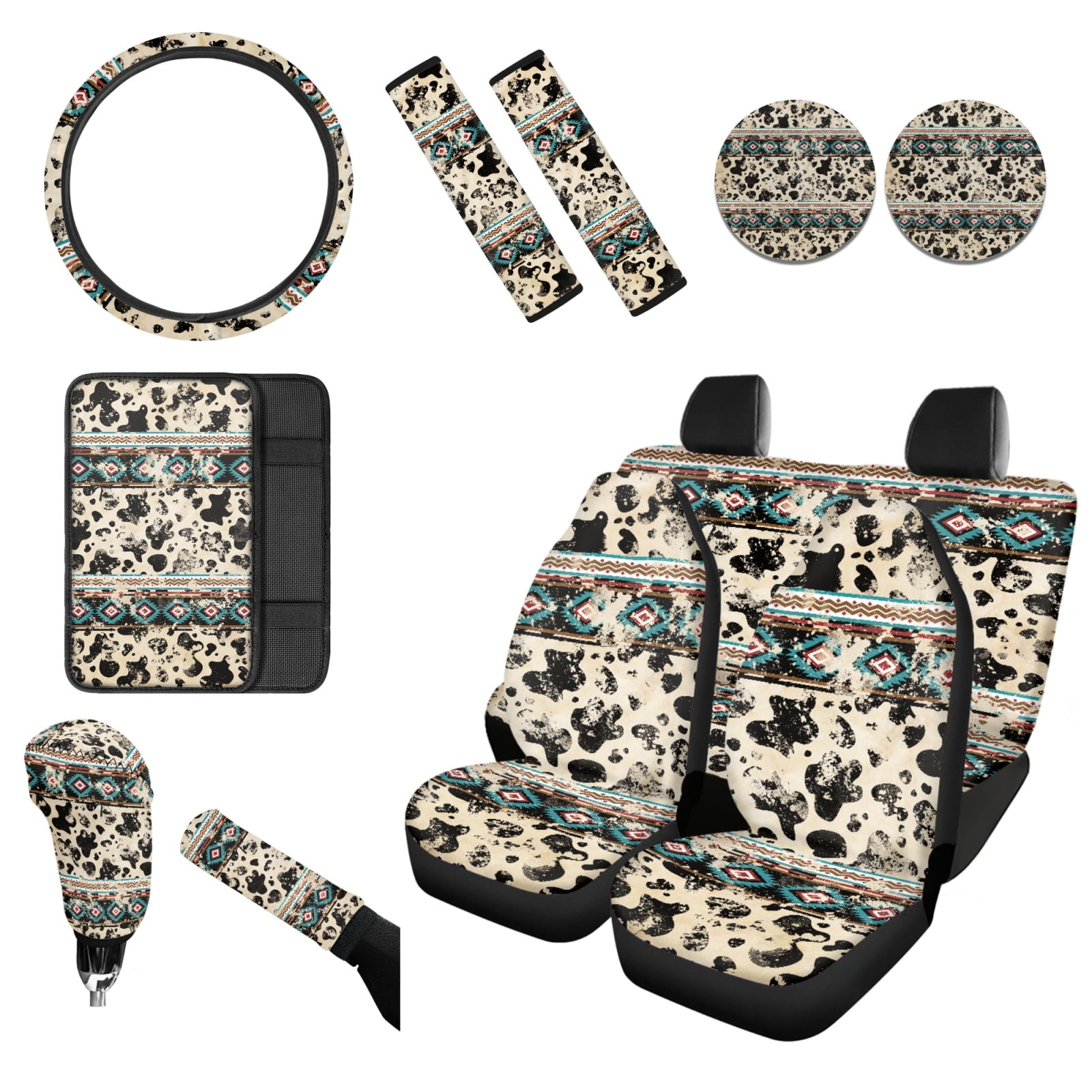 Renewold American Tribal Cow Print Retro Car Seat Covers Set for Men Women Comfy Soft Seat Protector with Steering Wheel Cover and Seat Belt Pad Armrest Pad Handbrake Cover Gear Shift Covers