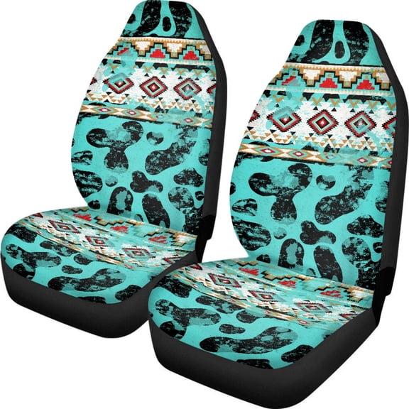 Renewold American Tribal Cow Print Teal Car Seat Cover Front Set Only, Soft Breathable Front Car Seat Bottom Cover Protector Auto Interior Accessories Decor