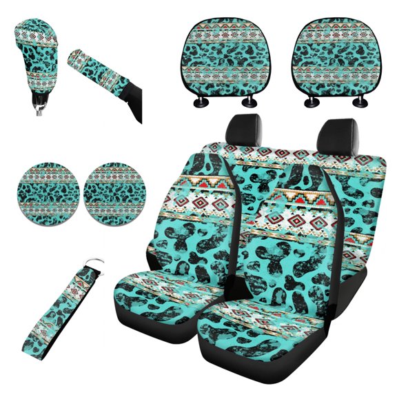 Renewold American Tribal Cow Print Teal Car Seat Cover Full Set 11 PCS, with Front Back Seat Covers Keychain Headrest Cover Cup Coasters Handbrake Cover Gear Shift Cover Car Interior Accessories