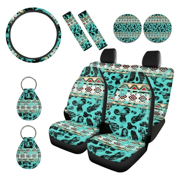 Renewold American Tribal Cow Print Teal Car Seat Cover Full Set Car Accessories Set of 11, with Steering Wheel Cover Safe Belt Cover Car Coasters Keychain Universal Fit for Most Vehicles