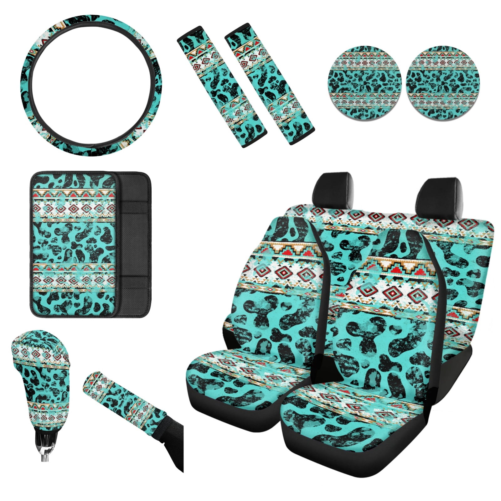 Renewold American Tribal Cow Print Teal Car Seat Covers for Women Men, with Steering Wheel Cover Seat Belt Pad Armrest Pad Handbrake Cover Gear Shift Cover Coaster Holder Car Accessories Set of 12