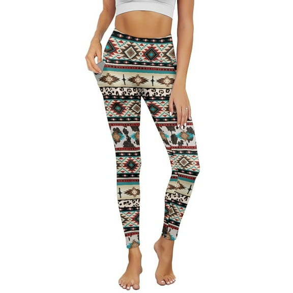 Renewold American Tribal Cow Print Womens Yoga Leggings with Pockets Workout Leggings Ankle Pants Full Length High Waisted Slim Running Pants Non See-Through Printed Tights, XS