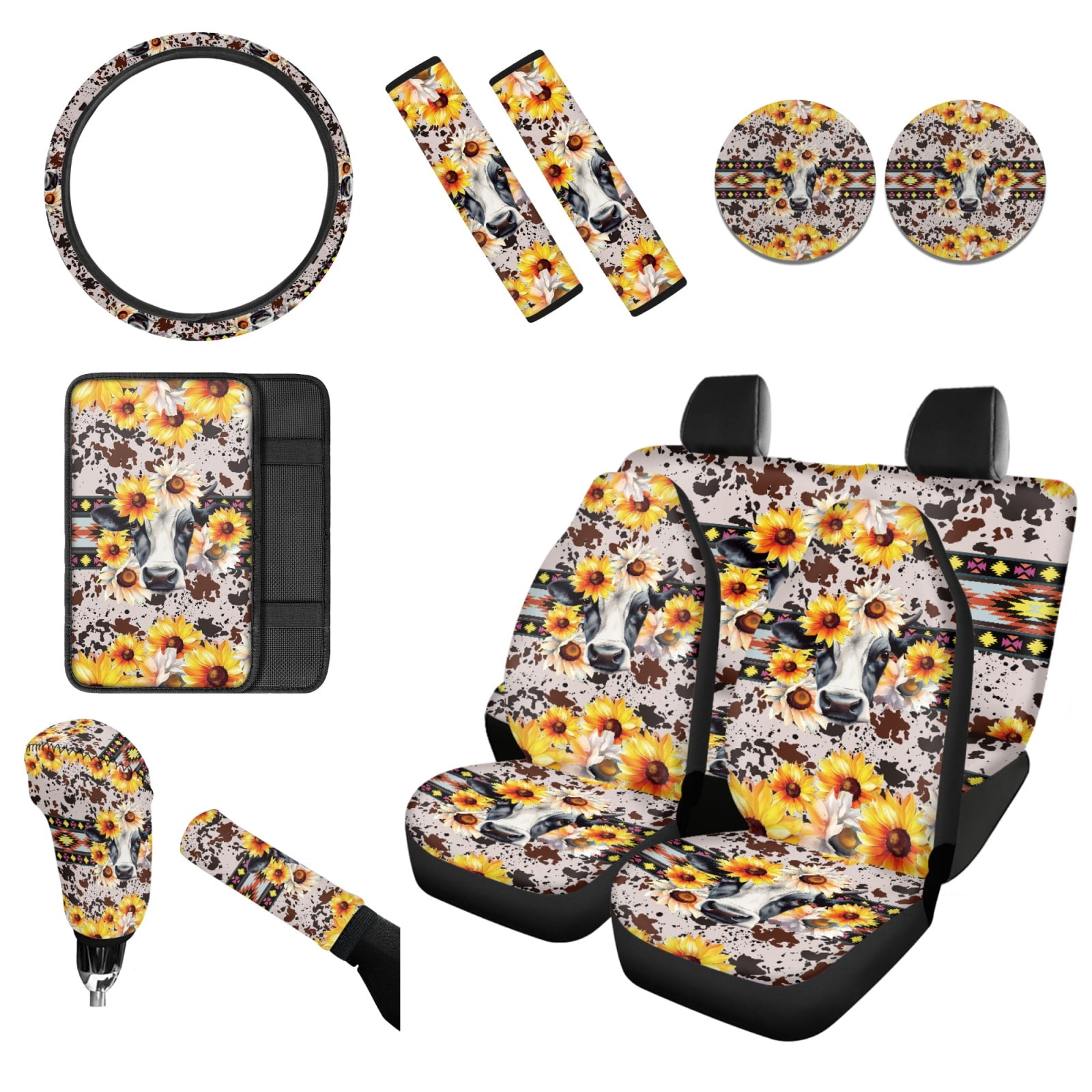 Renewold American Tribal Cow Sunflower Cow Print 12 Pieces Car Seat Cover Auto Steering Wheel Cover, Seat Belt Strap Wrap Cover Armrest Pad Handbrake Cover Gear Shift Cover Cup Holder Coasters