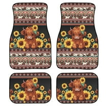 Renewold American Tribal Highland Cattle Cow Print Sunflower Car Floor Mats 4 Pieces Universal Fit Front & Rear Rubbrt Auto Rugs Full Set, Protect Car Interior for Car SUV Van Trucks