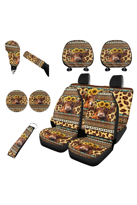 American Tribal Highland Cow 11 PCS Car Seat Covers Full Set, with Headrest Covers Coasters Gear Shift Knob Handbrake Cover Keychain Universal Fit, Highland Cattle Sunflower Leopard Print