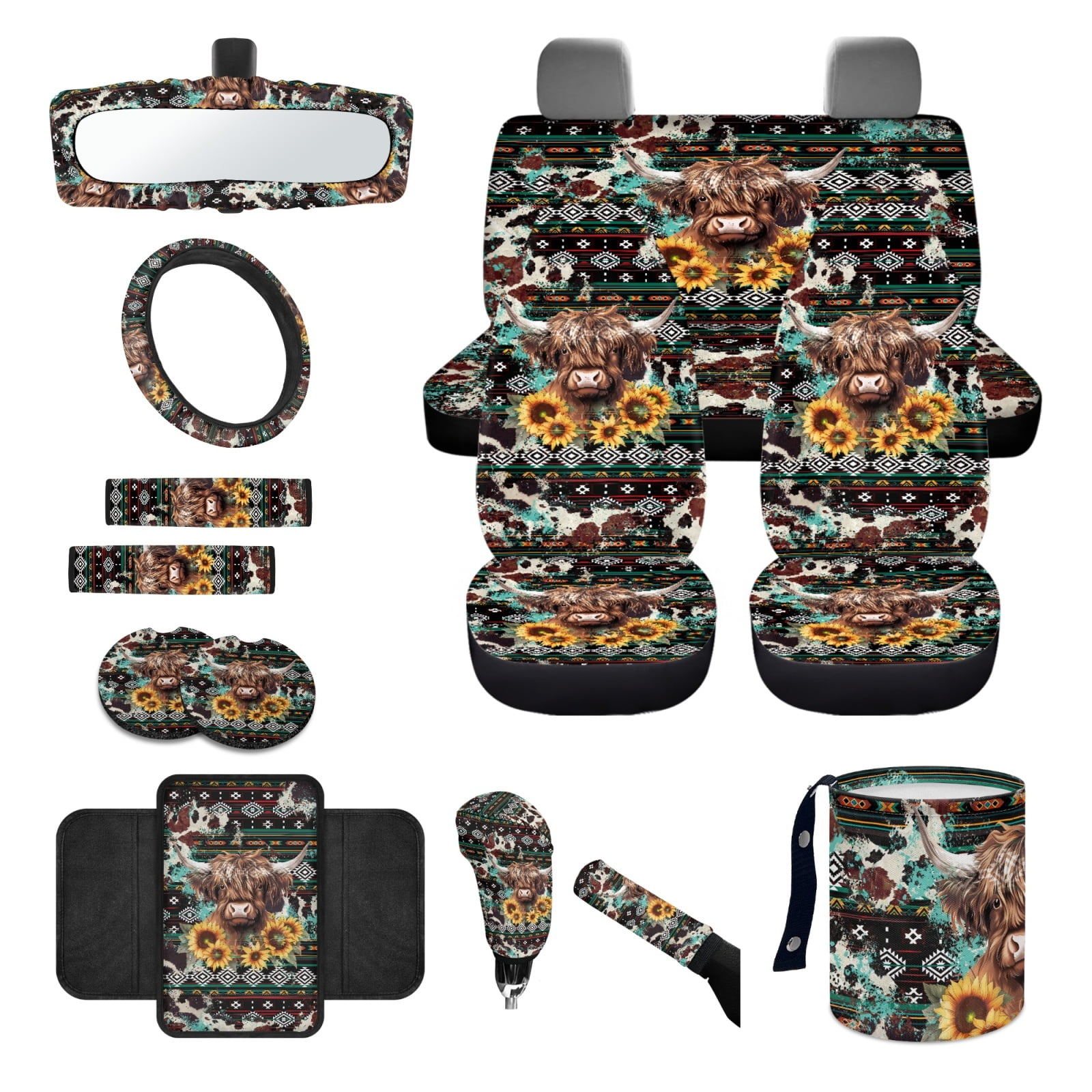 Renewold American Tribal Highland Cow 14 PCS Car Seat Cover Full Set, with Steering Wheel Cover Auto Seatbelt Pads Coaster Trash Can Rear View Mirror Armrest Cover Coasters Gear Shift Knob Cover Set