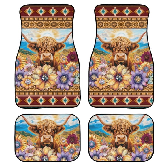 Renewold American Tribal Highland Cow Boho Floral Car Floor Mats All Weather Car Carpets Set of 4, Non-Skid Auto Rugs Universal Fit Car Floor Carpet for Most Cars Truck Sedan SUV