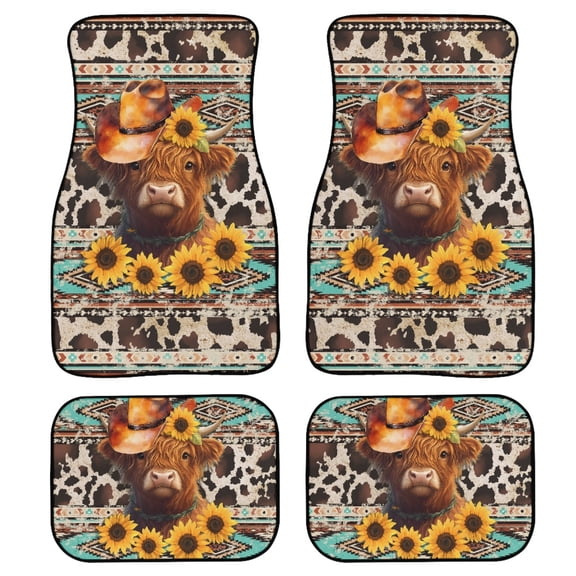 Renewold American Tribal Highland Cow Cowboy Sunflower Car Floor Mats 4 PCS Universal Fit Anti-Slip All Season Front & Rear Car Carpet All Weather Protection for Car SUV Van Truck