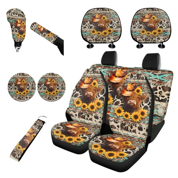 Renewold American Tribal Highland Cow Cowboy Sunflower Car Seat Cover Full Set 11 Pieces, with Keychain Gear Shift Knob Cover Handbrake Cover Headrest Covers Coaster Universal Fit for SUV Sedans