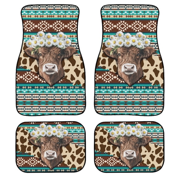 Renewold American Tribal Highland Cow Daisy Brown Teal Car Floor Mats All Weather Car Carpets Set of 4, Non-Skid Auto Rugs Universal Fit Car Floor Carpet for Most Cars Truck Sedan SUV