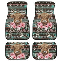 Renewold American Tribal Highland Cow Hibiscus Frangipani Auto Floor Mats Set of 4 for Women Men, Universal Car Rugs Full Set with Anti-slip Backing Auto Protection for Car SUV Truck Sedans