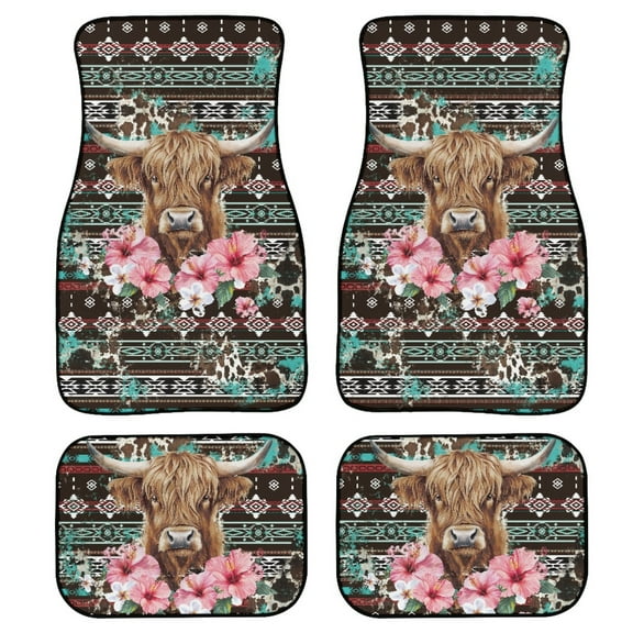 Renewold American Tribal Highland Cow Hibiscus Frangipani Auto Floor Mats Set of 4 for Women Men, Universal Car Rugs Full Set with Anti-slip Backing Auto Protection for Car SUV Truck Sedans