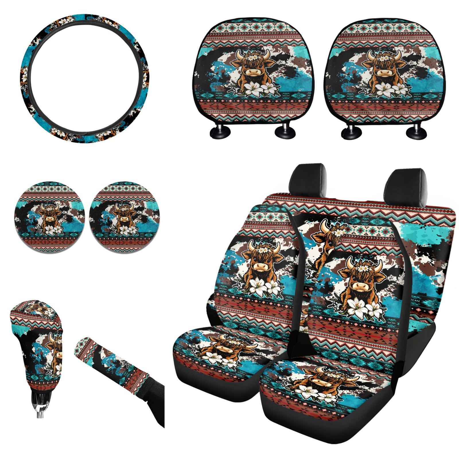 Renewold American Tribal Highland Cow Lily Car Seat Cover Full Set 11 Pack, with Steering Wheel Cover Coasters Gear Shift Knob Cover Handbrake Protector Headrest Protector Auto Decor Universal Fit
