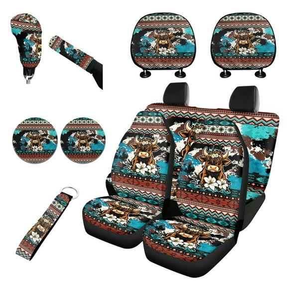 Renewold American Tribal Highland Cow Lily Car Seat Covers Full Set for Women, Auto Interior Accessories with Keychain Coasters Gear Shift Cover Handbrake Protector Headrest Covers for SUV Truck