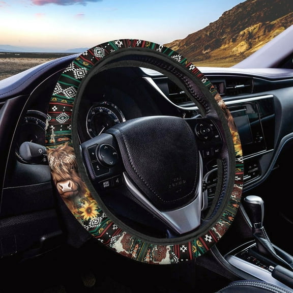 Renewold American Tribal Highland Cow Print Car Steering Wheel Cover Universal 15 Inch Breathable Better Grip,Cute Car Accessories for Women Men
