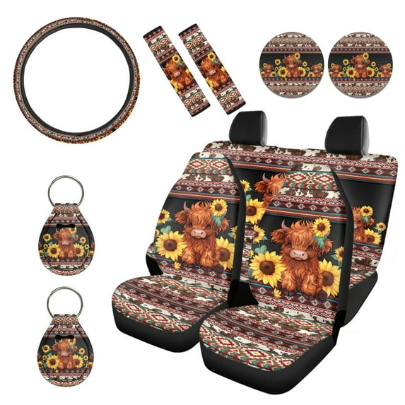 Renewold American Tribal Highland Cow Sunflower 11 PCS Car Seat Covers Set with Soft Car Seat Protector Steering Wheel Cover Seat Belt Covers Car Coasters Keychain Universal Fit for Most Vehicles