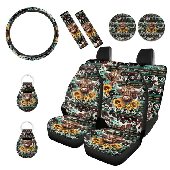 Renewold American Tribal Highland Cow Sunflower 11 Pieces Car Accessories, Non-Slip Front Rear Car Seat Covers, Steering Wheel Cover Seat Belt Pad Coasters Key Chain Universal Fit for Most Cars