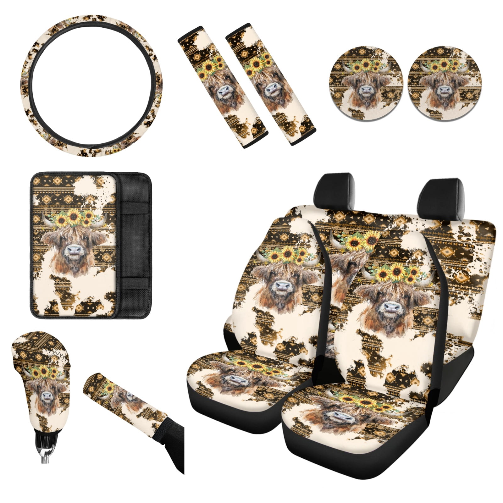 Renewold American Tribal Highland Cow Sunflower Brown 12 PCS Car Seat Covers Set for Women, Soft Steering Wheel Cover Seat Belt Pad Armrest Pad Handbrake Cover Gear Shift Cover Coasters