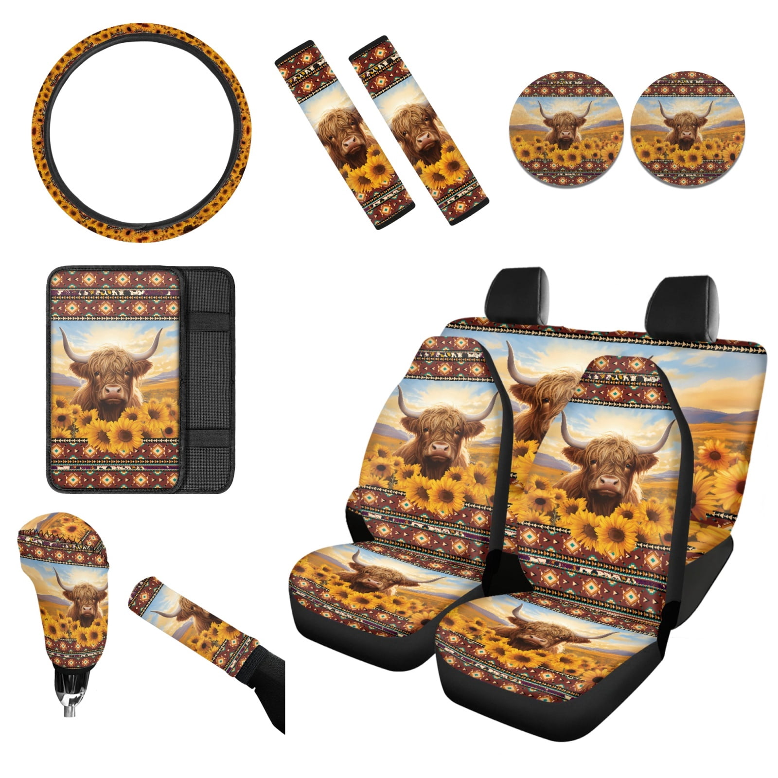 Renewold American Tribal Highland Cow Sunflower Car Seat Covers for Women with Steering Wheel Cover Seat Belt Pad Armrest Pad Handbrake Cover Gear Shift Cover Washable Cup Coaster Holder Seat Cover