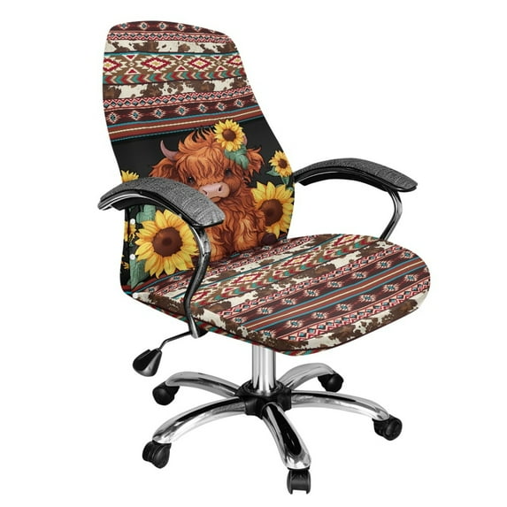 Renewold American Tribal Highland Cow Sunflower Cow Print Office Chair Cover Spandex Computer Desk Chair Cover Anti-slip Decorative High Back Chair Slipcover with Elastic Bottom Home Office Decor, L