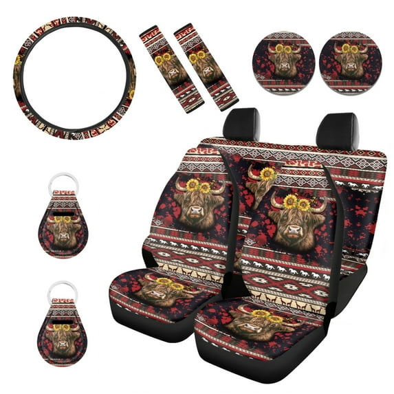 Renewold American Tribal Highland Cow Sunflower Red 11 PCS Front Rear Seat Cover Set, Universal Seat Protector with Steering Wheel Covers Seat Belt Strap Cup Holder Keychain Car Accessories Decor