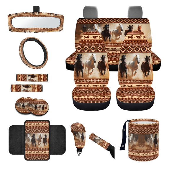 Renewold American Tribal Horse Brown Car Seat Covers Full Set, with Steering Wheel Cover Safe Belt Pads Handbrake Set Coasters Garbage Container Rear View Mirror Center Console Cover, Set of 14