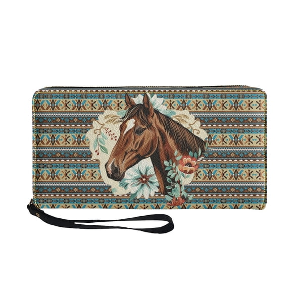 Renewold American Tribal Horse Flower PU Leather Wallet for Women Girls Faux Leather Handbag with Wristlet Zipper Card Holder for Shopping Travel Beach