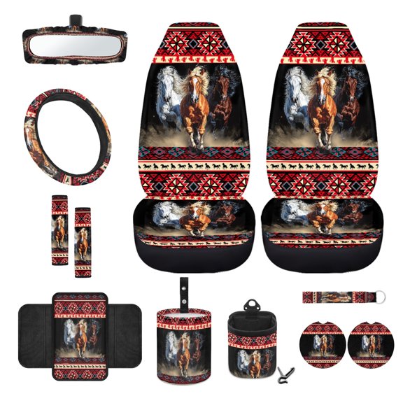 Renewold American Tribal Horse Red Black Front Car Seat Cover Set 12 PCS, with Steering Wheel Seatbelt Armrest Cover Coasters Garbage Can Rear View Mirror Cover Keychain Air Vent Bag Universal Fit