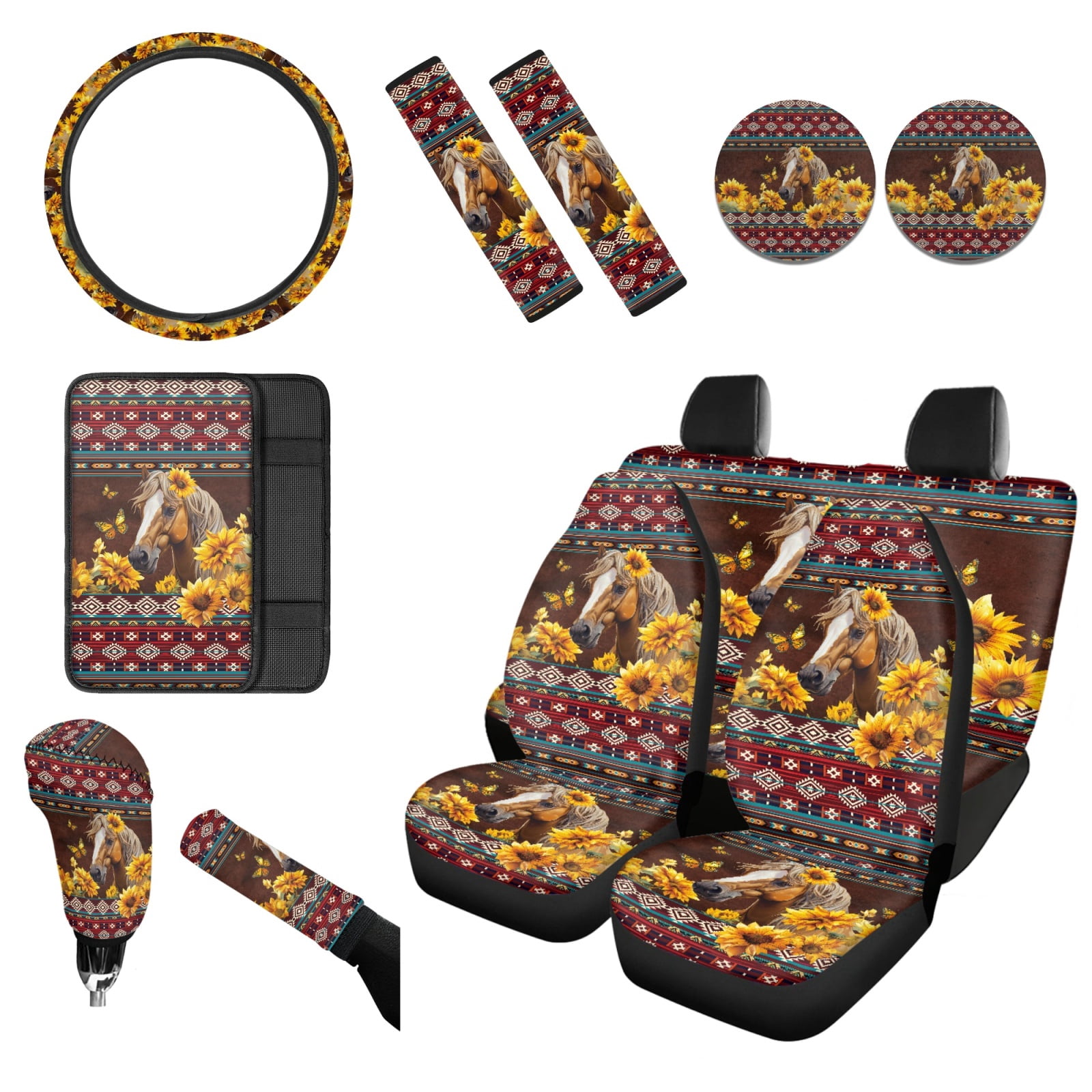 Renewold American Tribal Horse Sunflower Red Car Seat Cushion Covers Set of 12, Classic Front and Back Seat Protector, Vehicle Seat Covers Car Interior Accessories Decor Universal Fit Most Cars