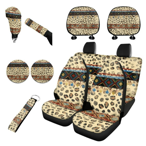 Renewold American Tribal Leopard Print Beige Car Seat Cover Full Set 11 Pieces, with Gear Shift Knob Cover Handbrake Cover Headrest Covers Keychain Coaster Universal Fit SUV Truck Vans Sedans