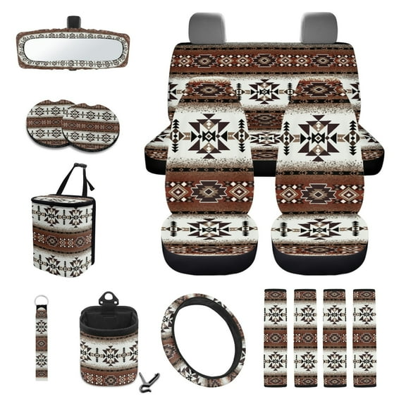 Renewold American Tribal Southwest Brown 15 PCS Car Seat Covers Set for Men Women, with Steering Wheel Cover Seat Belt Pads Trash Bin Sunglass Pocket Rear View Mirror Protector Coasters Key Chain