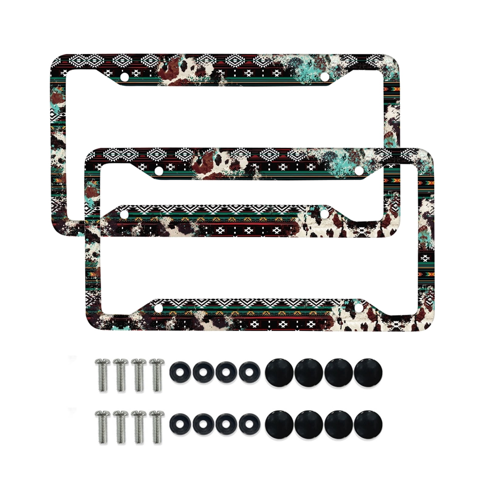 Renewold American Tribal Style Cow Print Metal Automotive License Plate Frames Novelty Vanity Tag Car Accessories Decor for Men Women, Set of 2