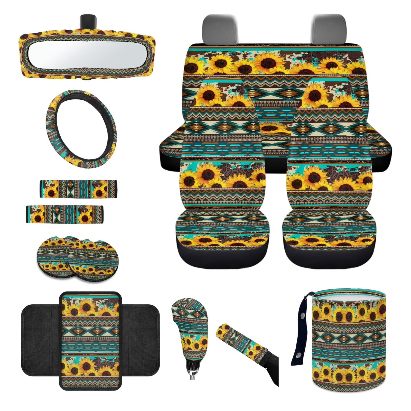 Renewold American Tribal Sunflower Blue 14 Pack Car Seat Cover with Steering Wheel Seat Belt Strap Cover Garbage Bin Armrest Rearview Mirror Cover Coaster Gear Shift Knob Cover Set Fit SUV Sedans