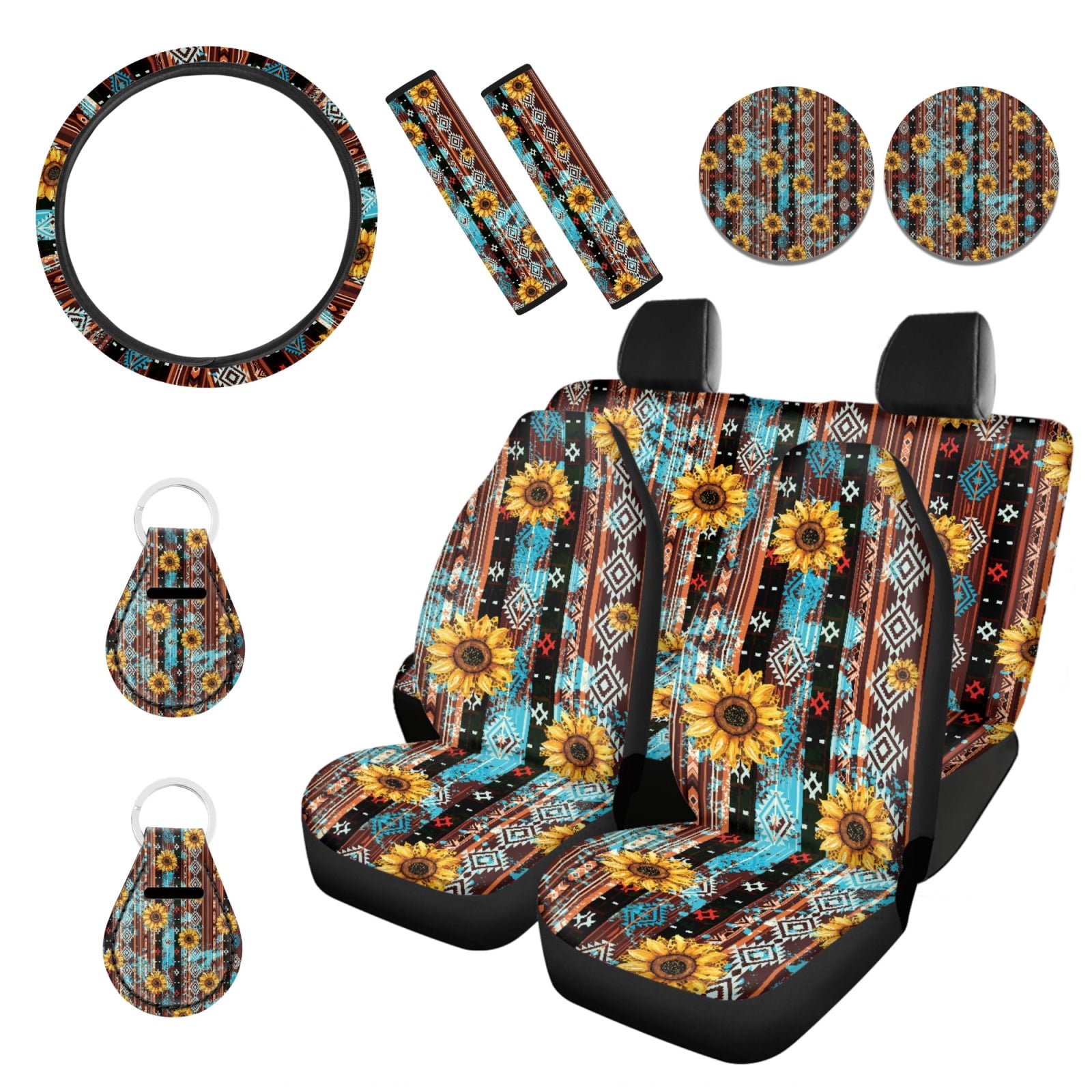 Renewold American Tribal Sunflower Brown 11 Pack Car Seat Covers Full Set, Universal Car Seat Protector Set with Steering Wheel Covers Seat Belt Covers Coaster Keyrings Fit for Most Cars SUV