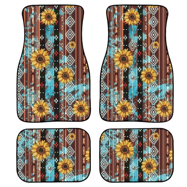 Renewold American Tribal Sunflower Brown Auto Carpet Floor Mats for Car Van Truck SUV, 4 Pieces Front & Rear Full Set with Rubber Backing Universal Fit for Most Vehicles