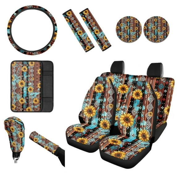 Renewold American Tribal Sunflower Brown Blue Car Seat Covers with Steering Wheel Cover Seat Belt Pad Armrest Pad Handbrake Cover Gear Shift Cover Washable Cup Coaster Holder Seat Cover