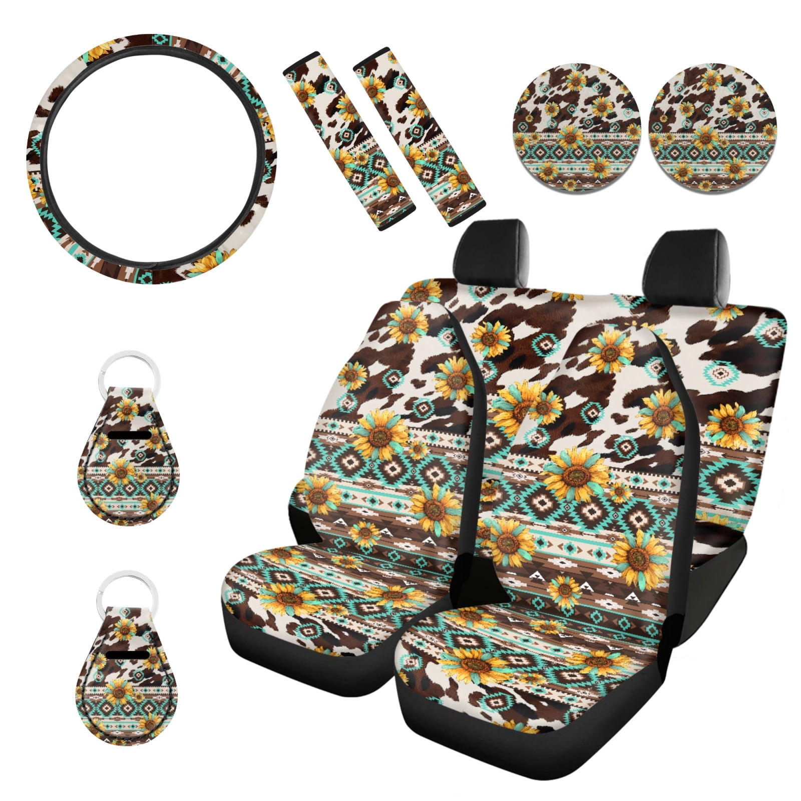 Renewold American Tribal Sunflower Brown Cow Print Car Seat Covers Full Set, Auto Seat Covers with Steering Wheel Covers, Seat Belt Pad, Coaster, Keychains Car Interior Accessories for Men Women