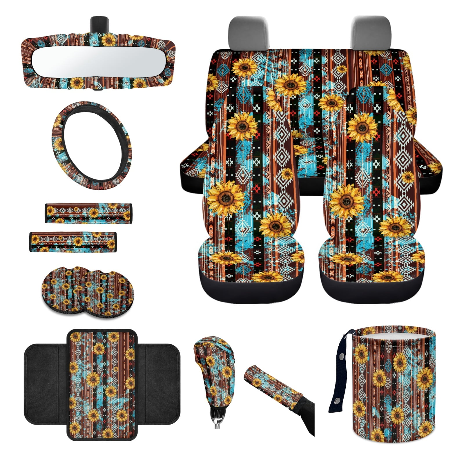 Renewold American Tribal Sunflower Car Seat Cover Full Set 14 PCS, with Steering Wheel Cover Seatbelt Pad Coasters Rubbish Bin Rear View Mirror Armrest Cover Cushion Gear Shift Knob Cover Set