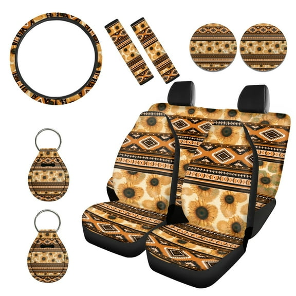 Renewold American Tribal Sunflower Car Seat Cover Full Set Auto Accessories Set of 11, with Steering Wheel Safe Belt Cover Coasters Keychain Universal Fit for Most Vehicles
