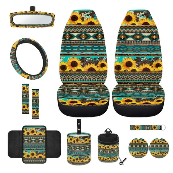 Renewold American Tribal Sunflower Car Seat Cover Set 12 PCS with Steering Wheel Cover Seat Belt Pad Armrest Cover Garbage Bin Air Vent Pocket Rearview Mirror Cover Coasters Keychain