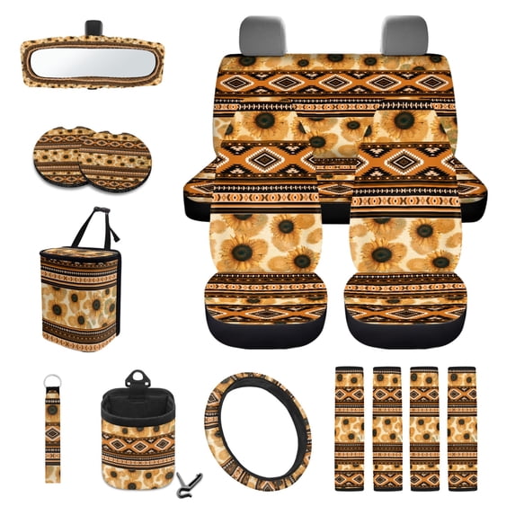 Renewold American Tribal Sunflower Car Seat Covers Full Set of 15, Steering Wheel Rearview Mirror Cover Seatbelt Pad Trash Bin Mount Sunglasses Holder Cup Holder Key Chain Auto Accessories