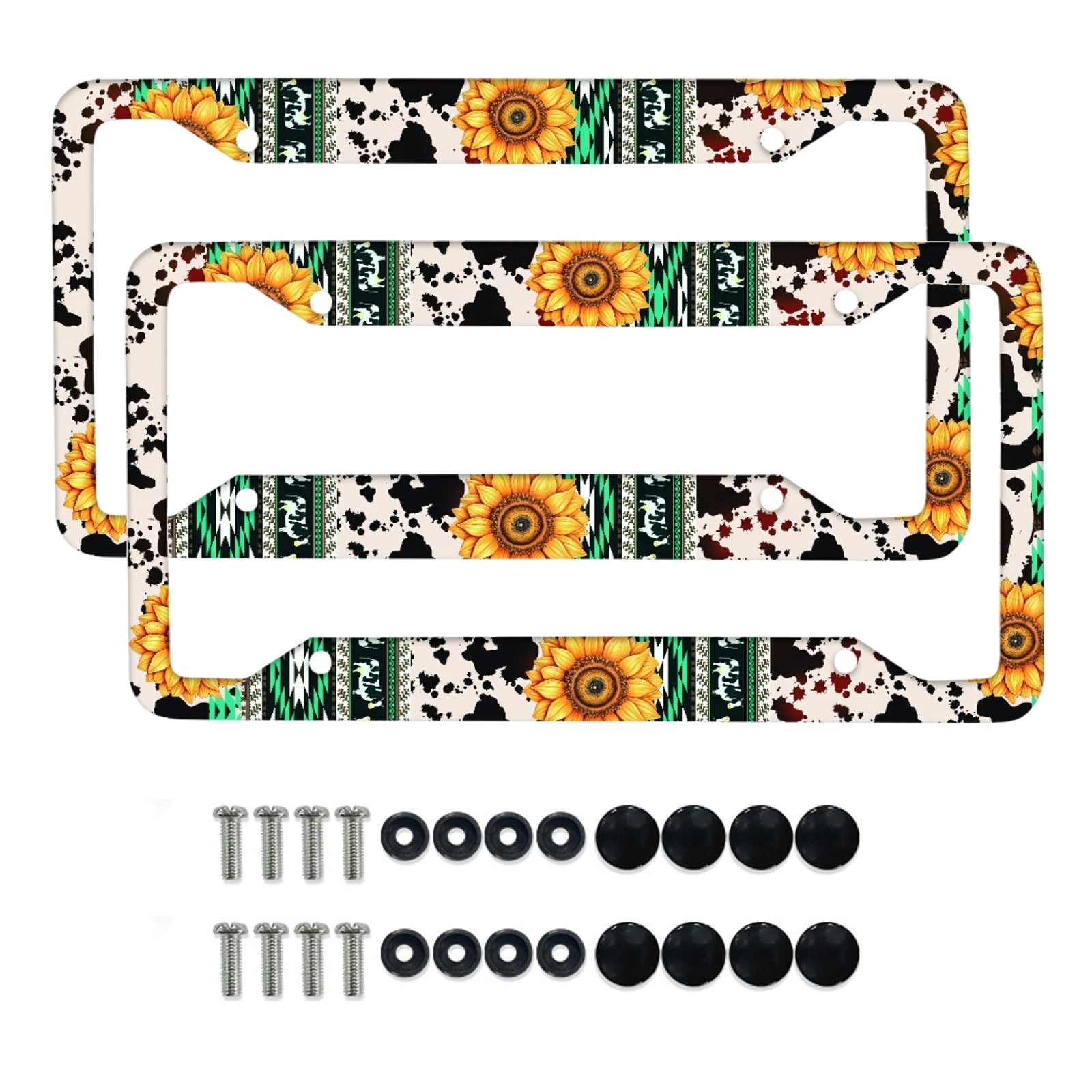 Renewold American Tribal Sunflower Cow Print Green Car License Plate Frame Holder Automotive Tag with Screws Car Decorative Accessories Set of 2