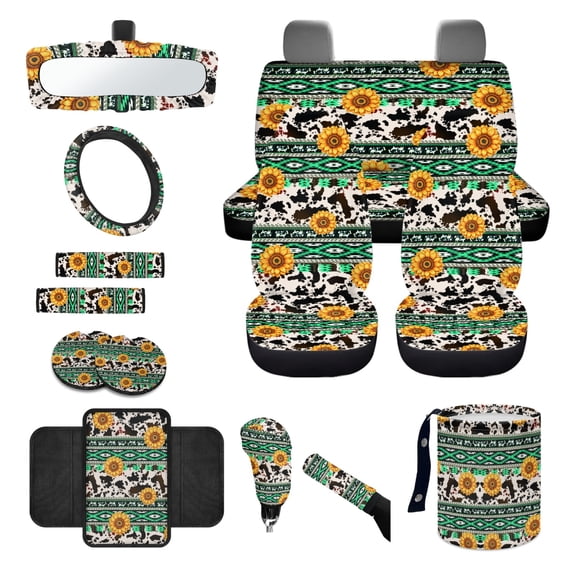 Renewold American Tribal Sunflower Cow Print Green Car Seat Covers Full Set, with Steering Wheel Safe Belt Cover Handbrake Set Coasters Garbage Bin Rear View Mirror Center Console Cover, 14 PCS