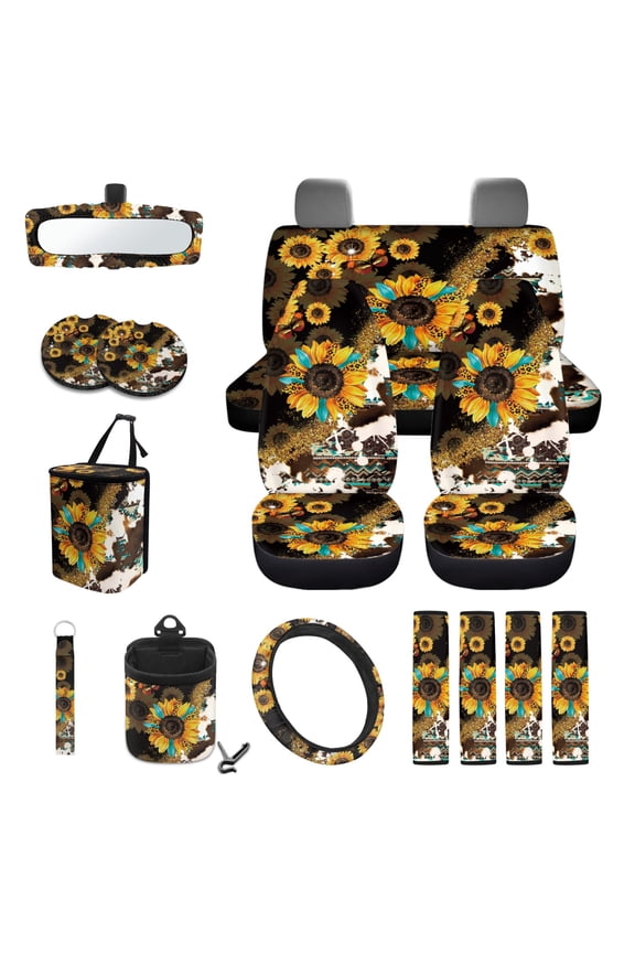 American Tribal Sunflower Leopard Cow Print 15 PCS Car Seat Covers Set, with Steering Wheel Seat Belt Covers Trash Bin Sunglasses Pocket Rear View Mirror Cover Coasters Keychain