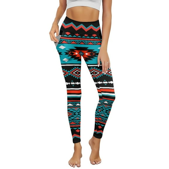 Renewold American Tribal Teal Red Yoga Leggings for Women with Pockets Trendy Running Yoga Pants High Waisted Tummy Control Graphic Pants Tights for Cycling Yoga Sports, M